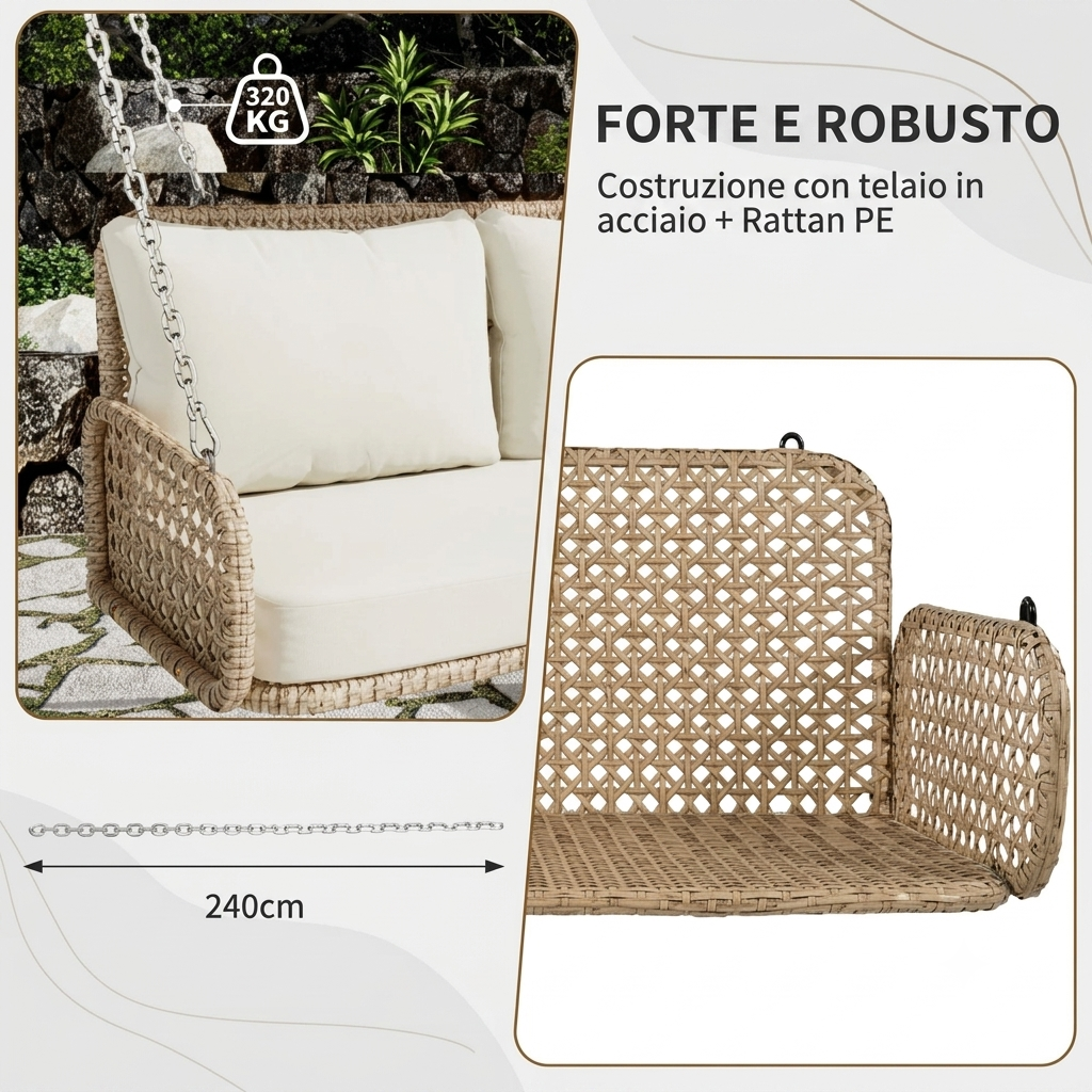 Altalena a dondolo sospesa matrimoniale  per giardino esterno, patio o balcone con catene da 240 cm e cuscino imbottito sfoderabile e lavabile.