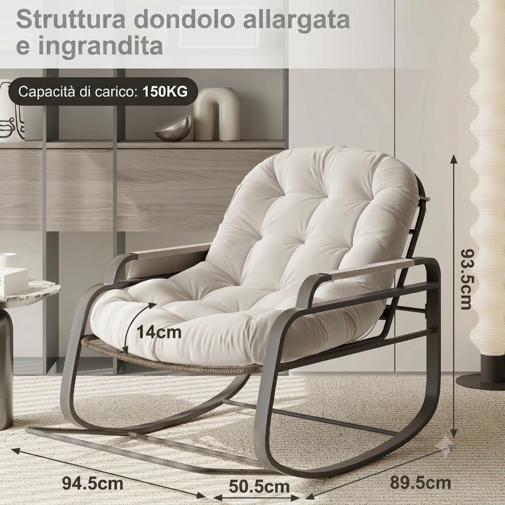 Sedia a dondolo da giardino , per il tempo libero con poggiapiedi pieghevole e cuscino imbottito, tessuto in lino, colore Beige.