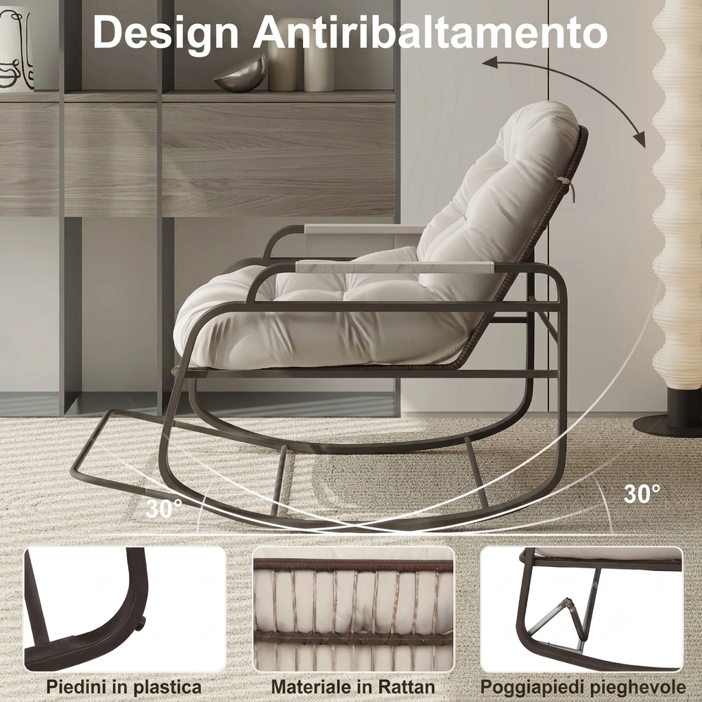 Sedia a dondolo da giardino , per il tempo libero con poggiapiedi pieghevole e cuscino imbottito, tessuto in lino, colore Beige.