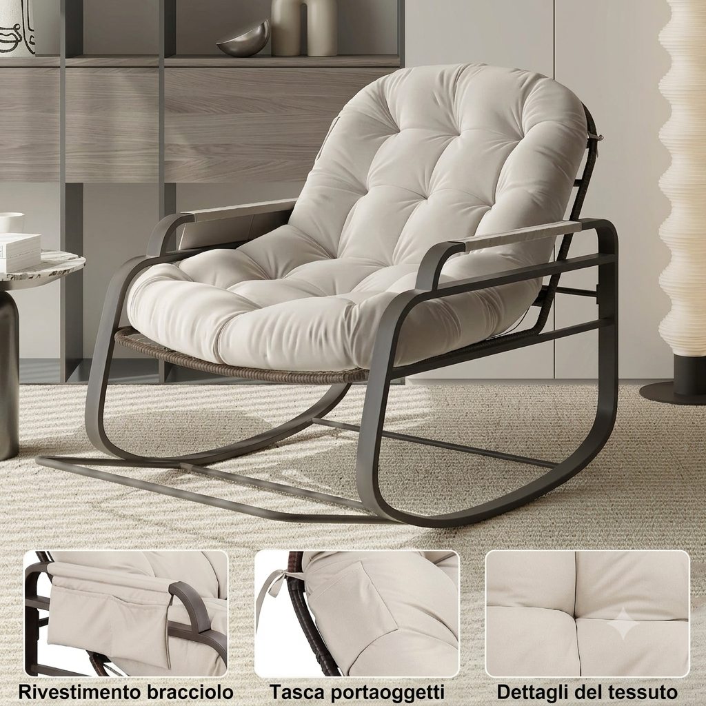 Sedia a dondolo da giardino , per il tempo libero con poggiapiedi pieghevole e cuscino imbottito, tessuto in lino, colore Beige.