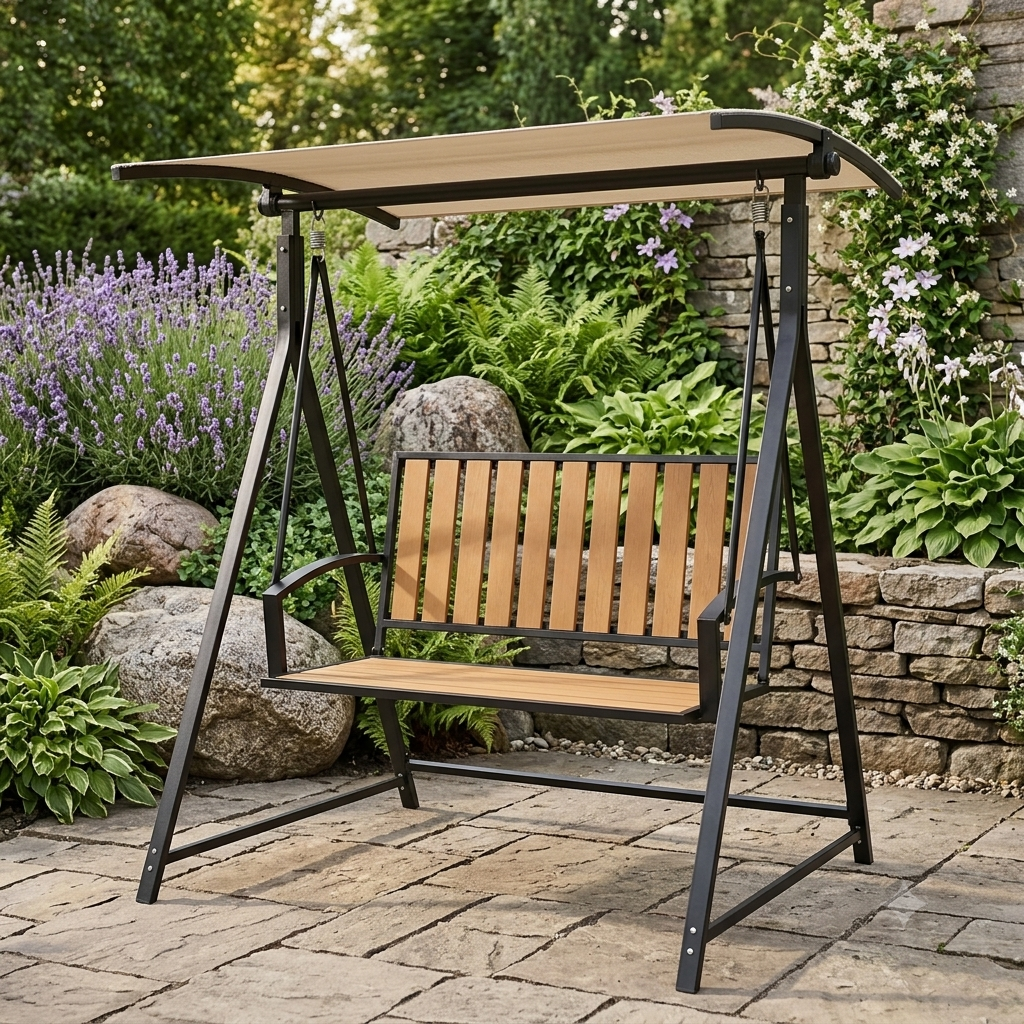 Altalena da giardino stile  Hollywood con tettuccio parasole regolabile, a 2 posti,  resistente alle intemperie fino a 240 kg, Nero.