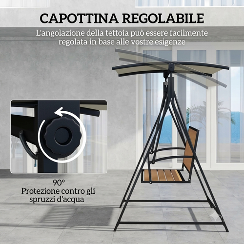 Altalena da giardino stile  Hollywood con tettuccio parasole regolabile, a 2 posti,  resistente alle intemperie fino a 240 kg, Nero.