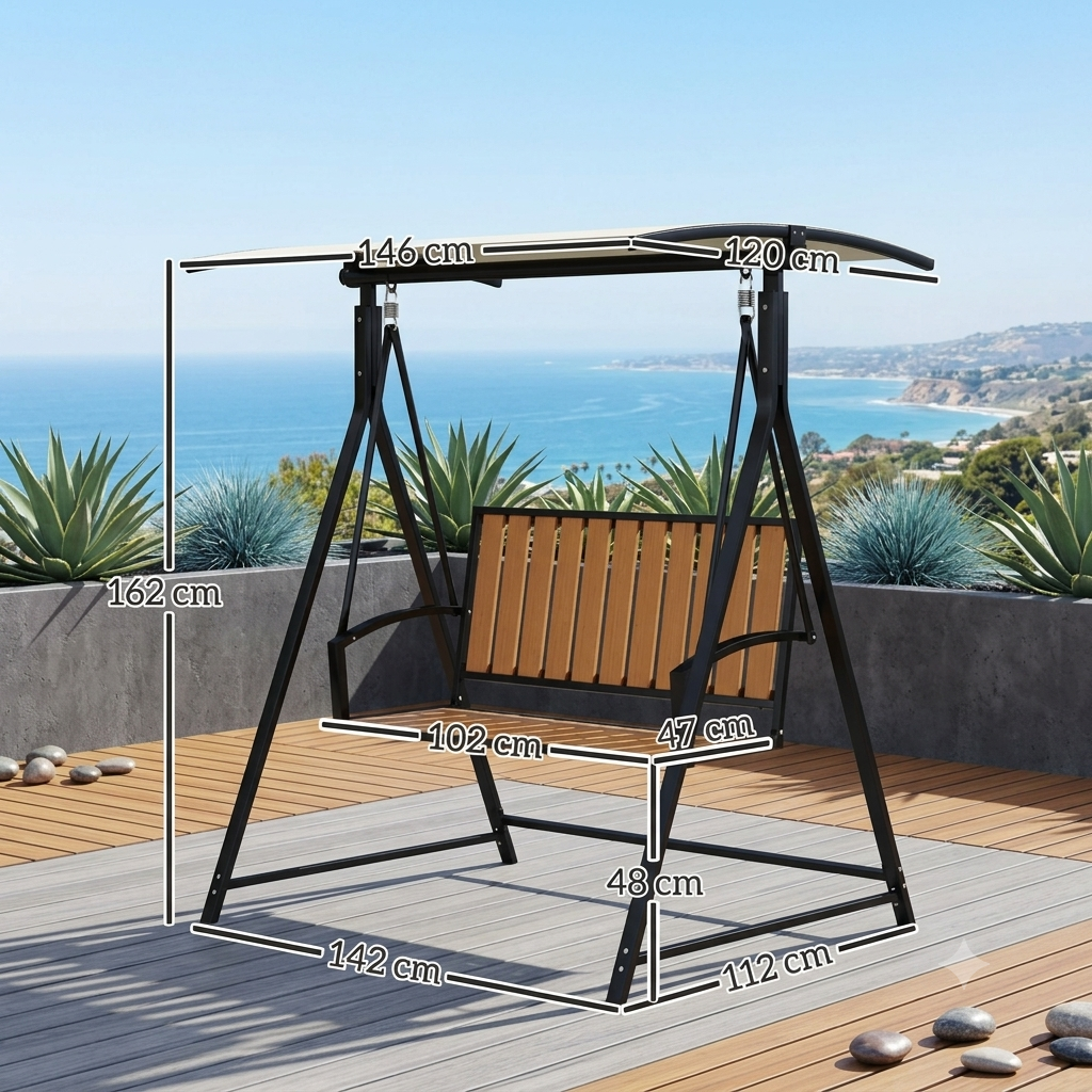 Altalena da giardino stile  Hollywood con tettuccio parasole regolabile, a 2 posti,  resistente alle intemperie fino a 240 kg, Nero.