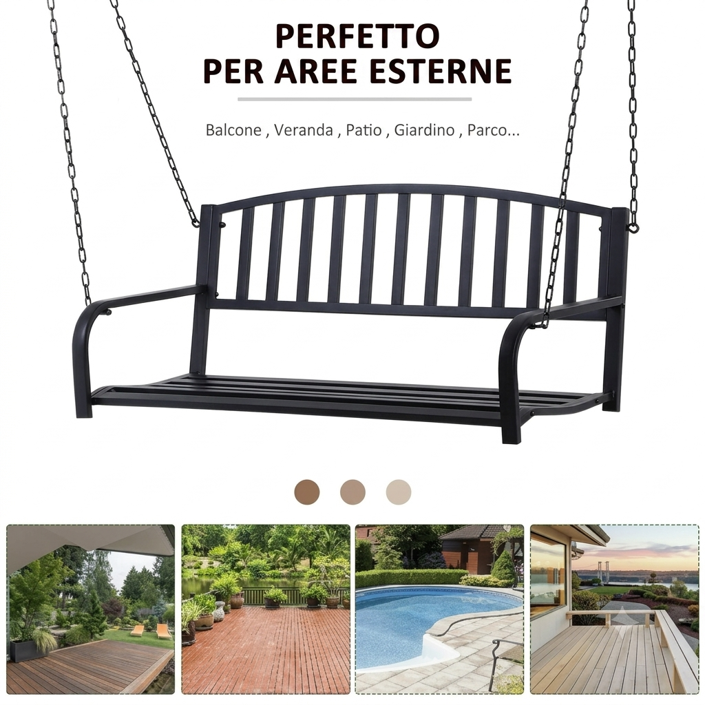 Panca a dondolo a 2 posti, in metallo per patio o balcone, Nero