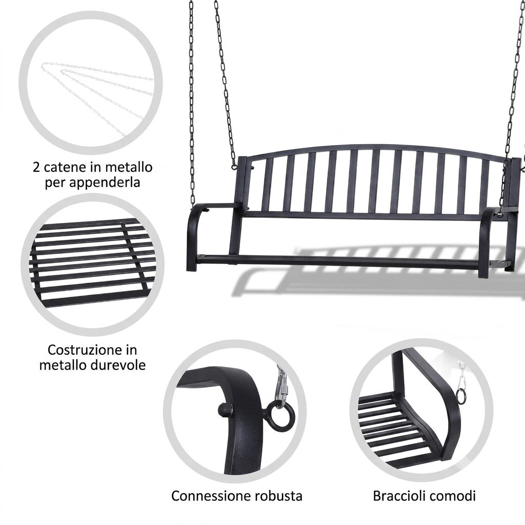 Panca a dondolo a 2 posti, in metallo per patio o balcone, Nero