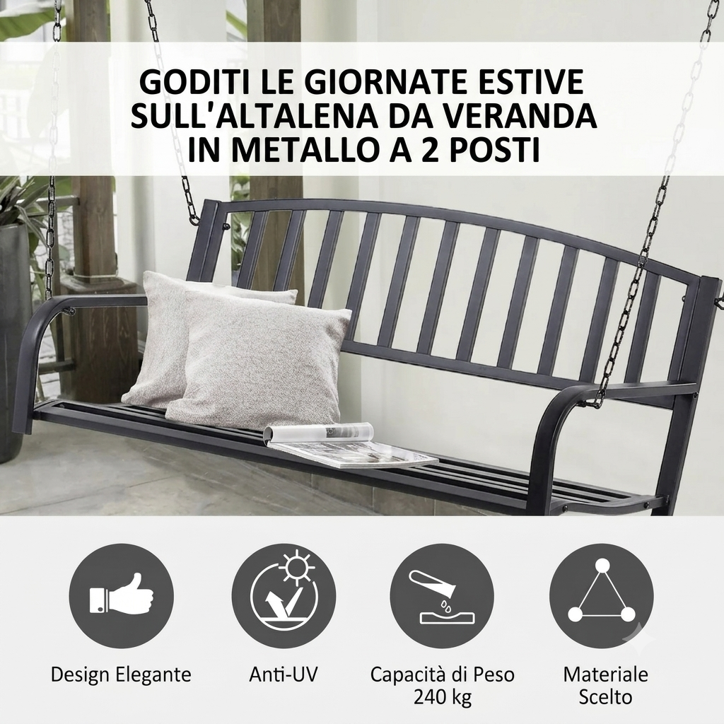 Panca a dondolo a 2 posti, in metallo per patio o balcone, Nero
