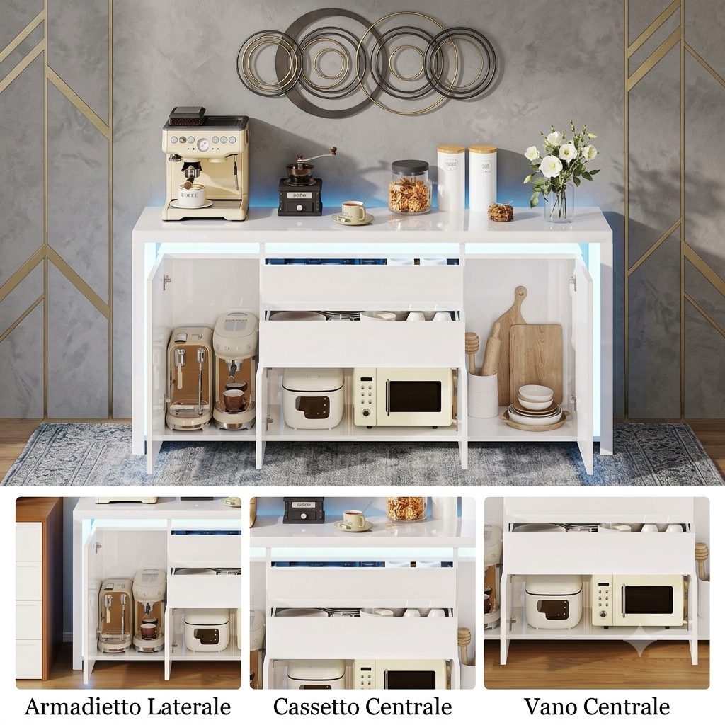 Credenza moderna di lusso con luci a led regolabili e 4 ante