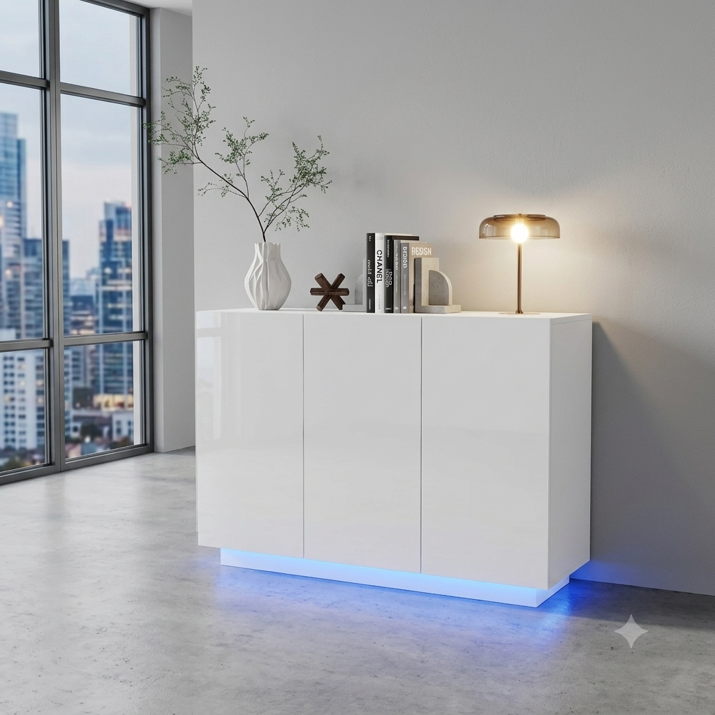 Cassettiera bianca con vani aperti e chiusi, base a piedistallo, luci LED  120 x 40 x 75 cm.