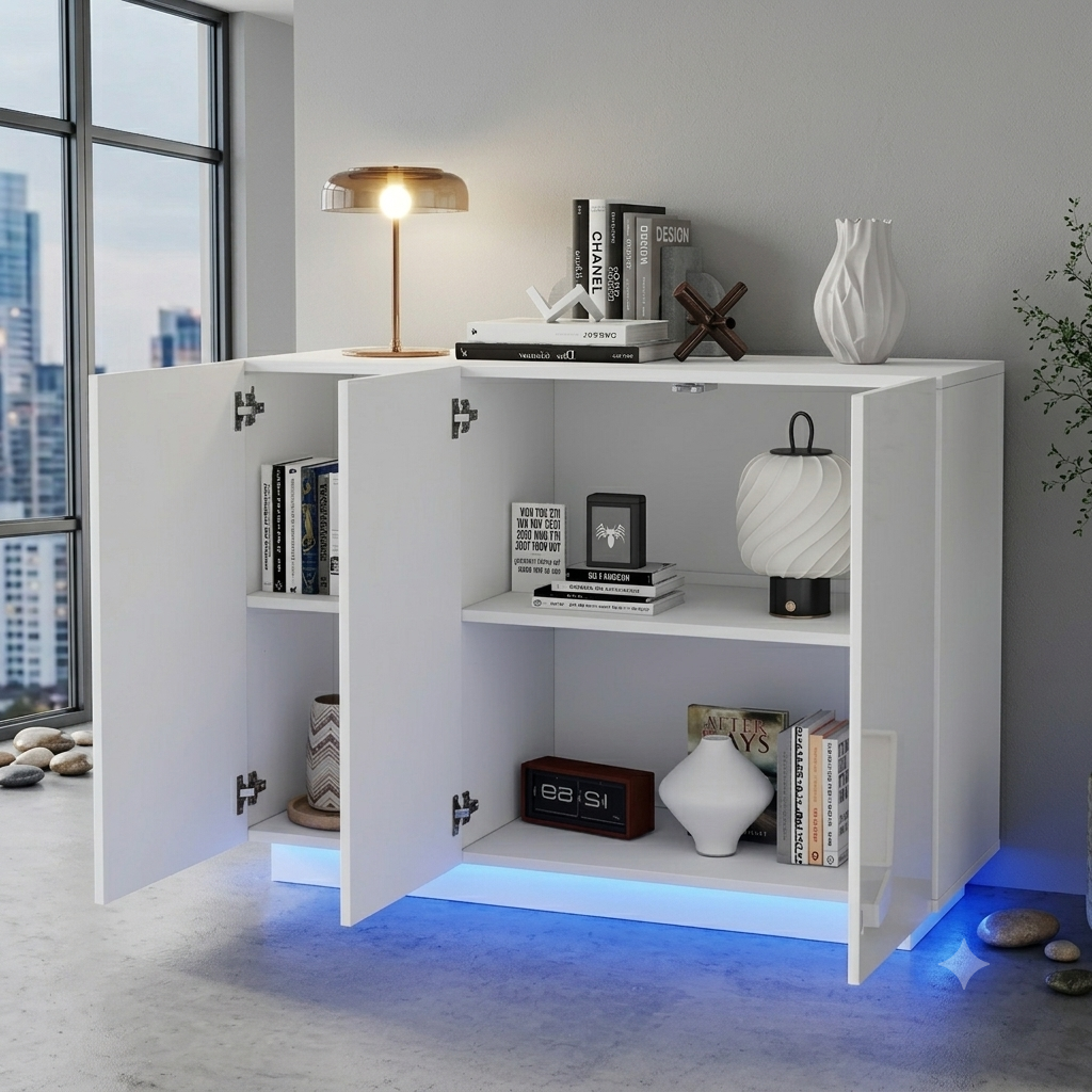 Cassettiera bianca con vani aperti e chiusi, base a piedistallo, luci LED  120 x 40 x 75 cm.