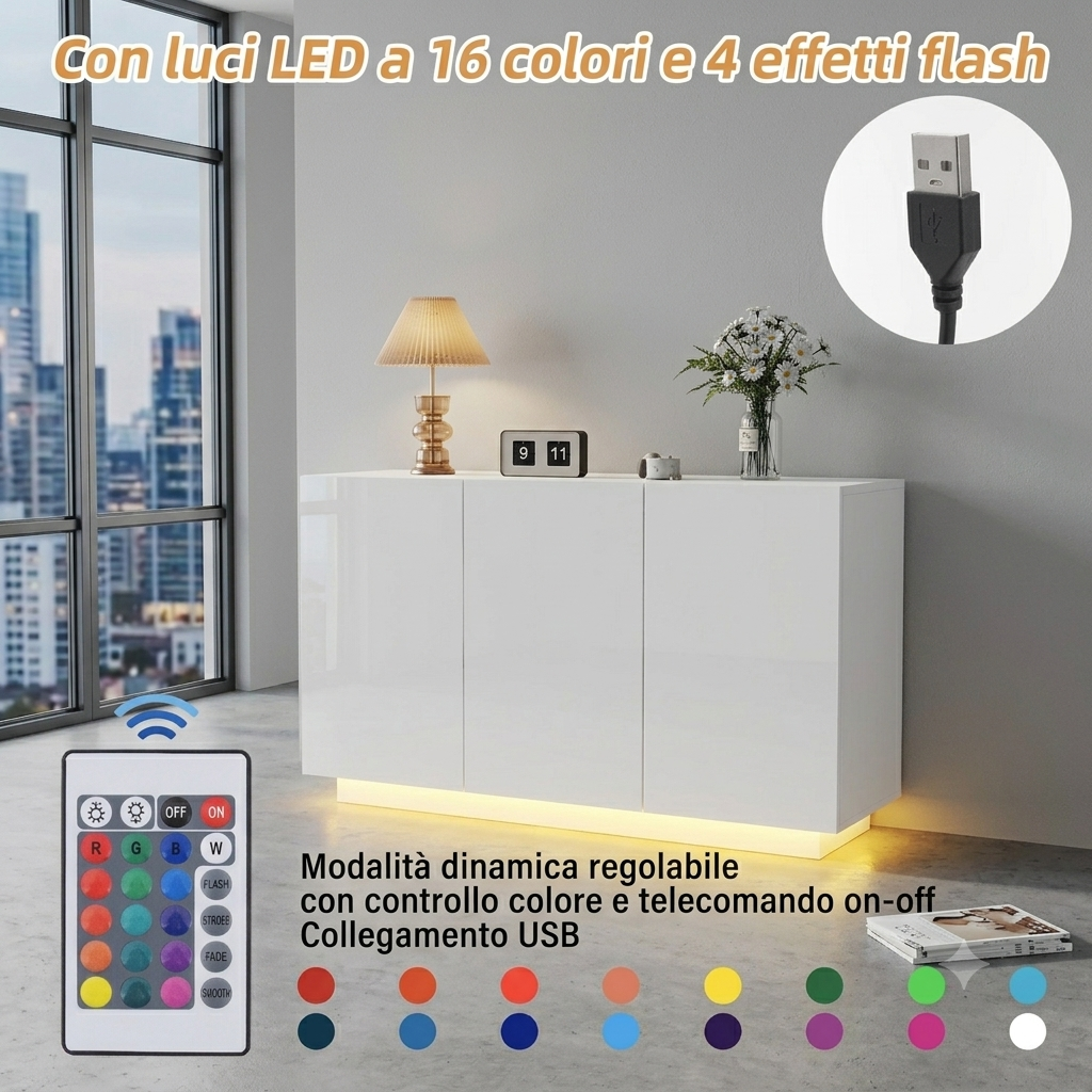 Cassettiera bianca con vani aperti e chiusi, base a piedistallo, luci LED  120 x 40 x 75 cm.