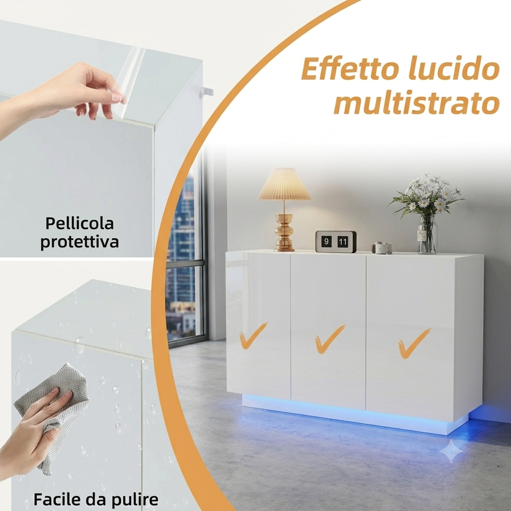 Cassettiera bianca con vani aperti e chiusi, base a piedistallo, luci LED  120 x 40 x 75 cm.
