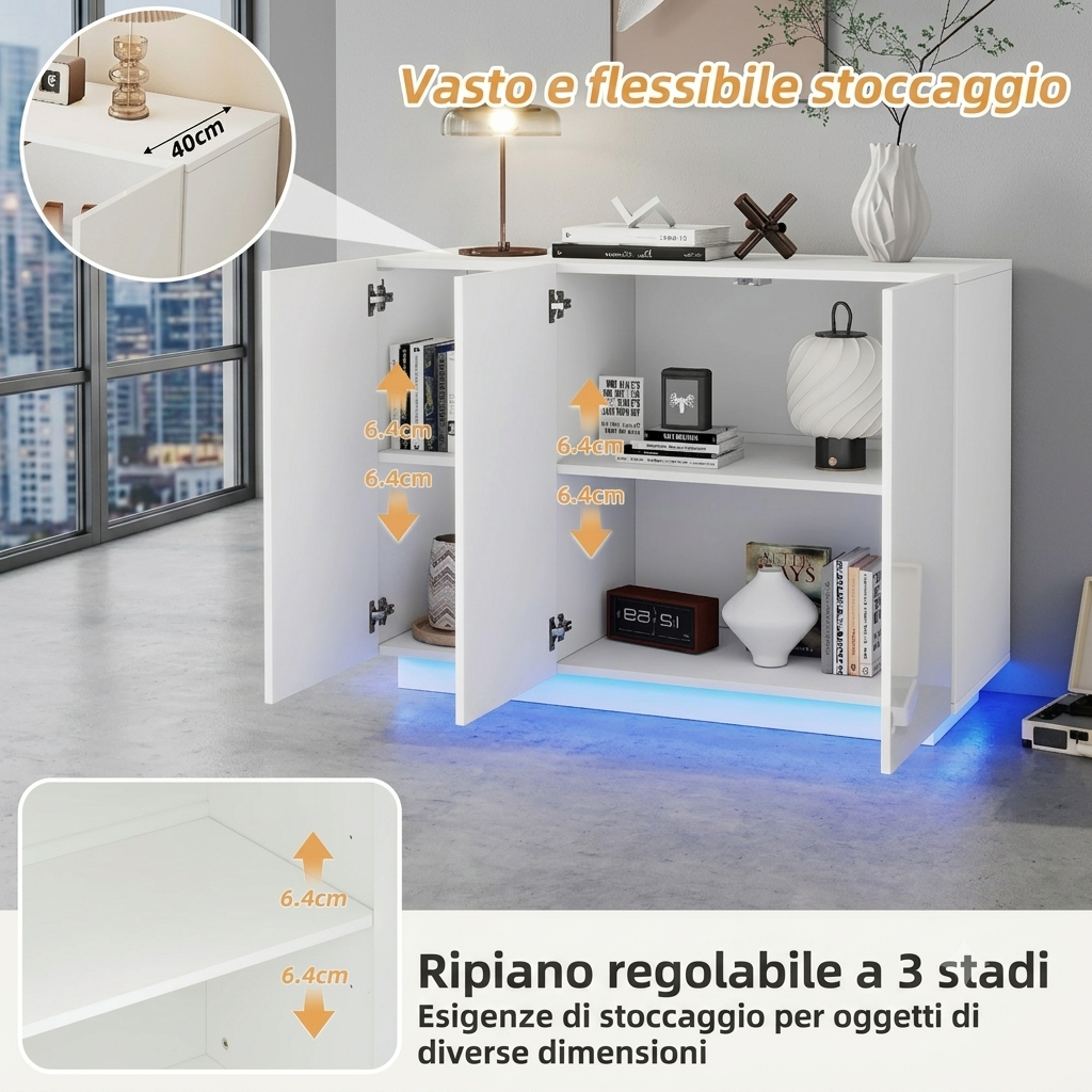 Cassettiera bianca con vani aperti e chiusi, base a piedistallo, luci LED  120 x 40 x 75 cm.