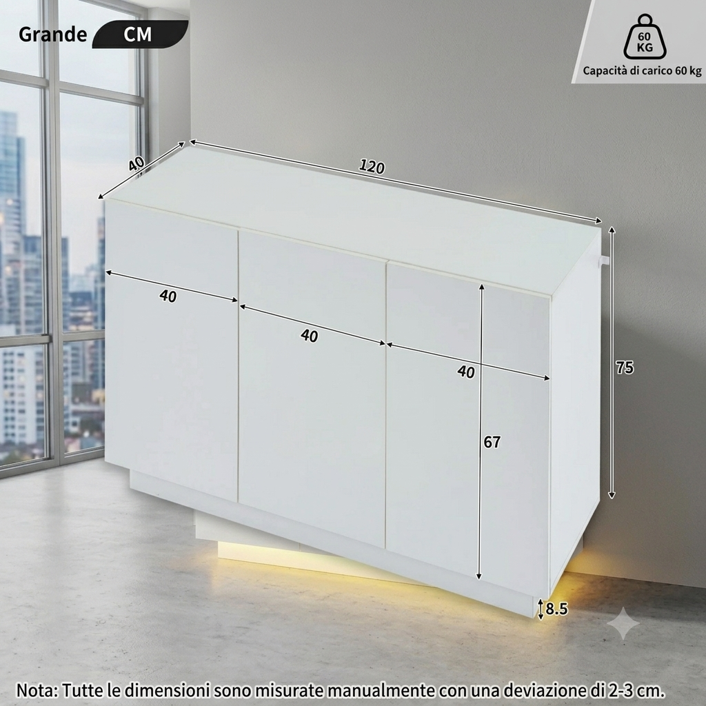 Cassettiera bianca con vani aperti e chiusi, base a piedistallo, luci LED  120 x 40 x 75 cm.