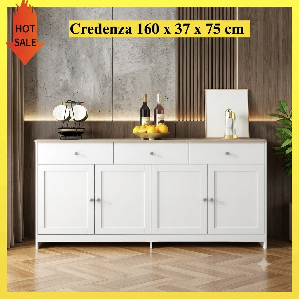 Mobile da soggiorno  in legno bianco con 3 cassetti e 4 ante, 160 x 37 x 75 cm.