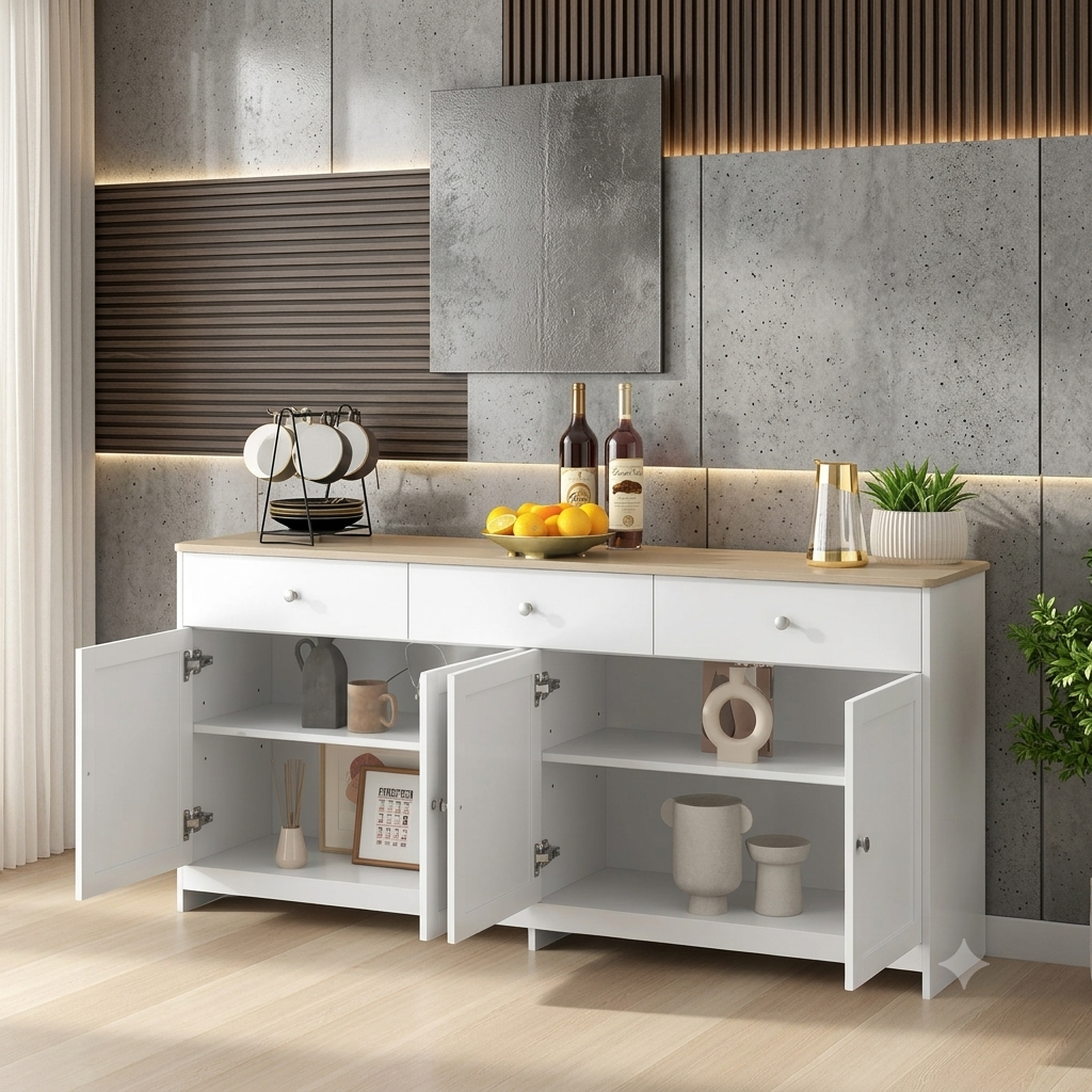 Mobile da soggiorno  in legno bianco con 3 cassetti e 4 ante, 160 x 37 x 75 cm.