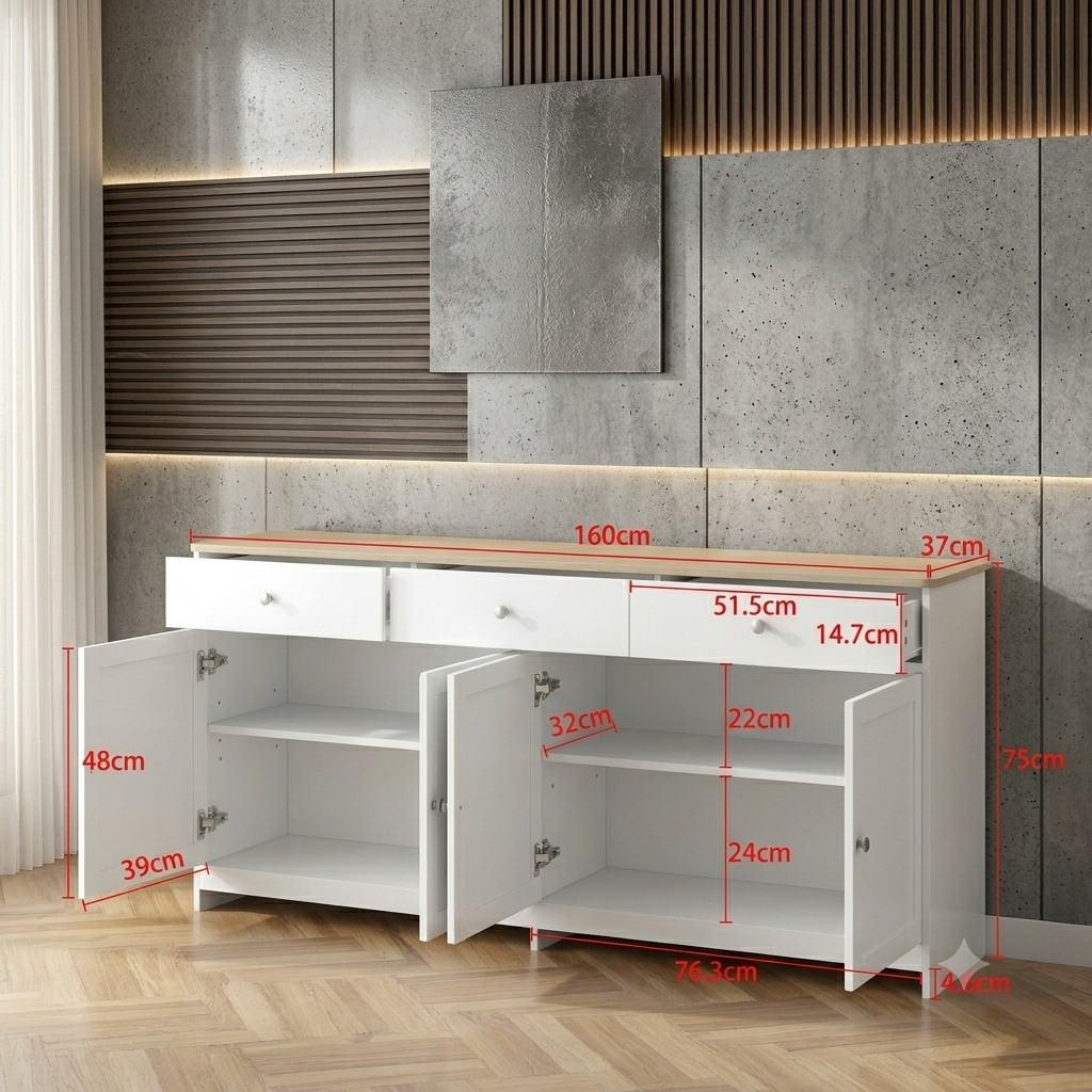 Mobile da soggiorno  in legno bianco con 3 cassetti e 4 ante, 160 x 37 x 75 cm.