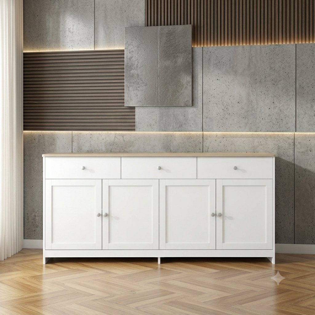 Mobile da soggiorno  in legno bianco con 3 cassetti e 4 ante, 160 x 37 x 75 cm.