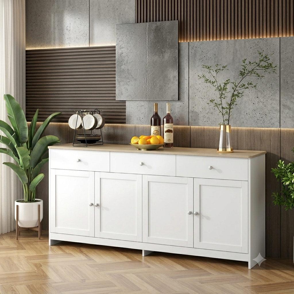 Mobile da soggiorno  in legno bianco con 3 cassetti e 4 ante, 160 x 37 x 75 cm.