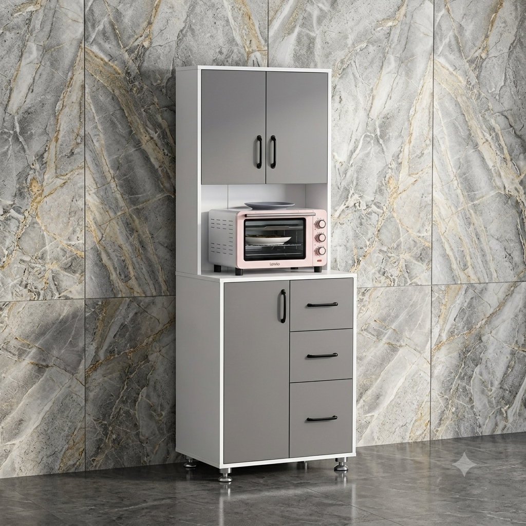 Mobile a buffet per cucina, credenza alta, con 3 ante, 3 cassetti e piano di lavoro