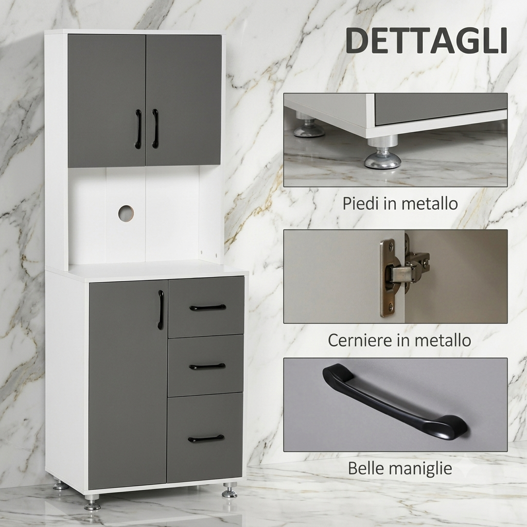 Mobile a buffet per cucina, credenza alta, con 3 ante, 3 cassetti e piano di lavoro