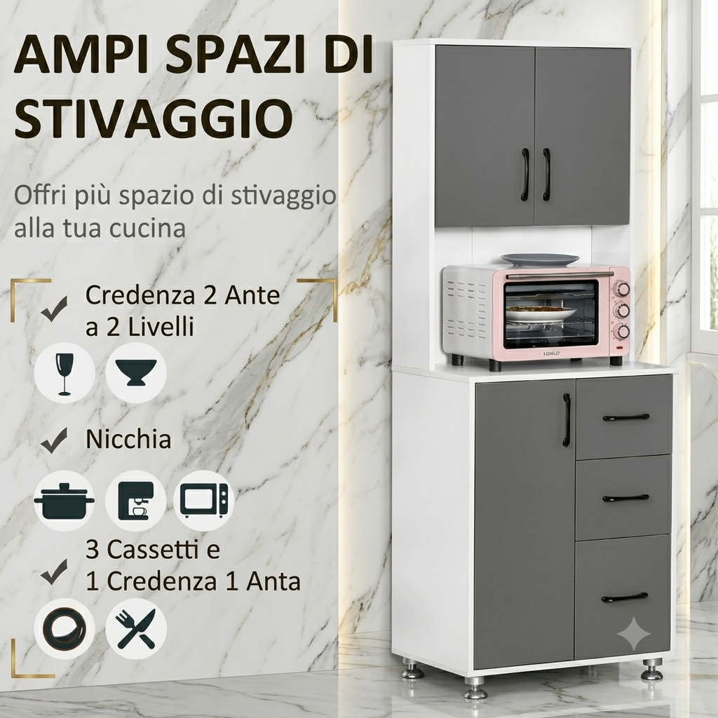 Mobile a buffet per cucina, credenza alta, con 3 ante, 3 cassetti e piano di lavoro