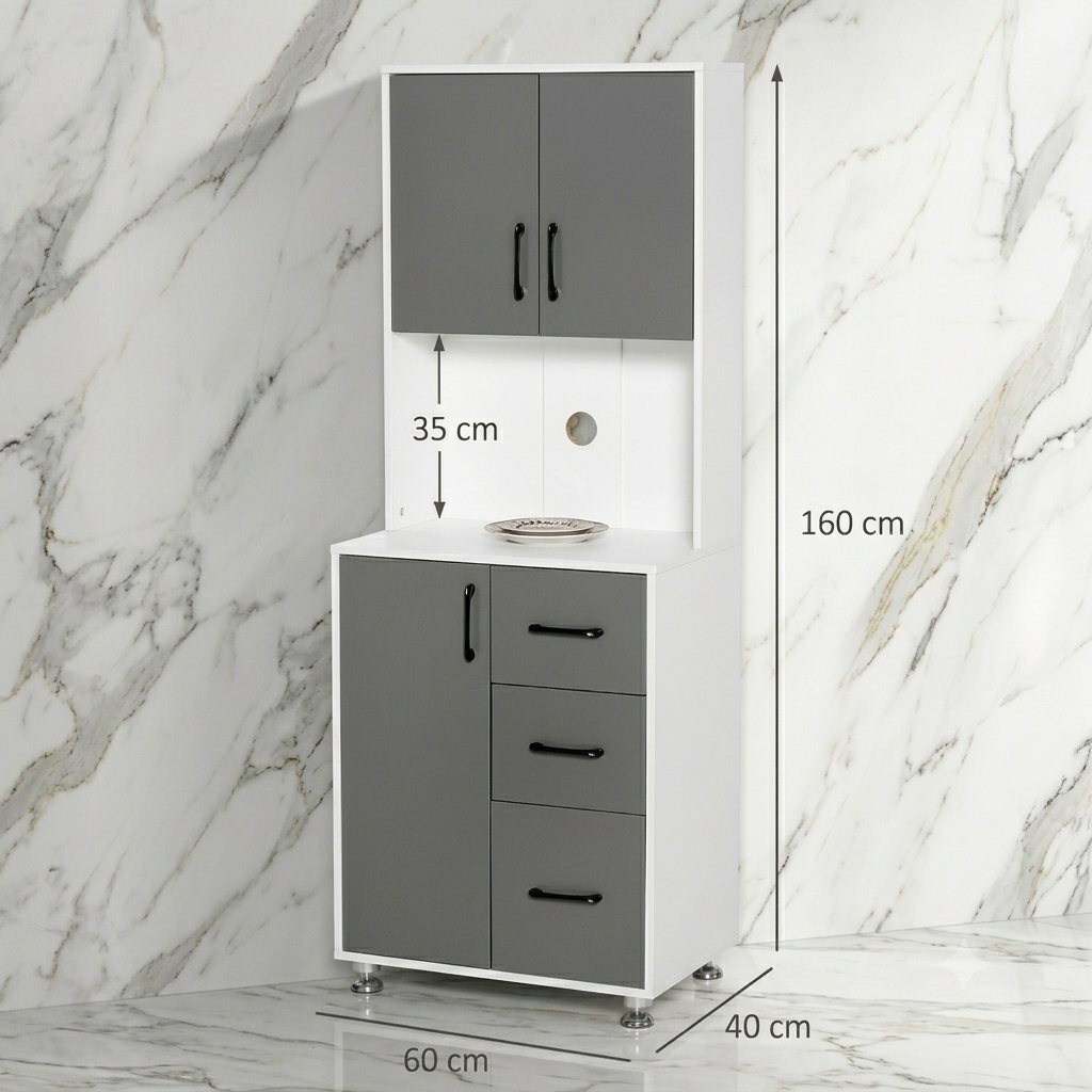 Mobile a buffet per cucina, credenza alta, con 3 ante, 3 cassetti e piano di lavoro