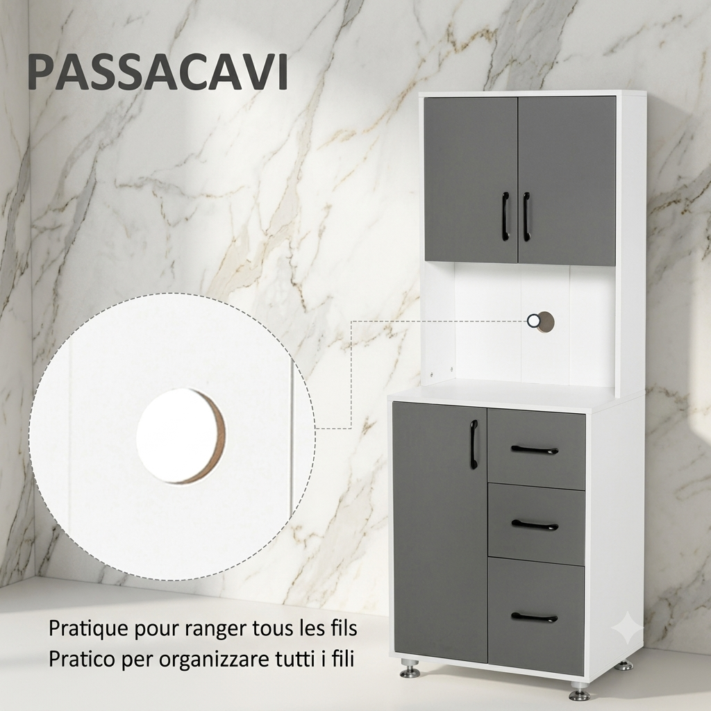Mobile a buffet per cucina, credenza alta, con 3 ante, 3 cassetti e piano di lavoro