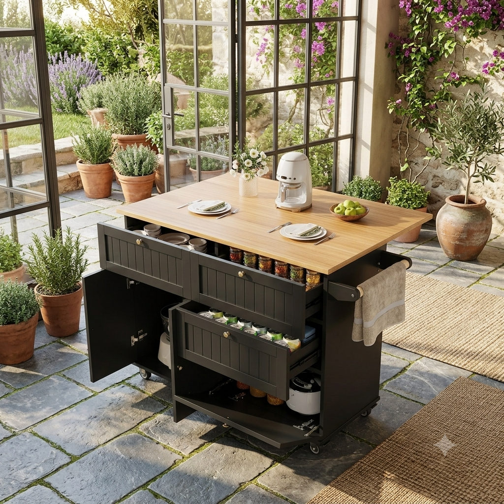 cucina a isola nera, carrello da pranzo con piano a grana di legno estensibile, portaoggetti multifunzionali
