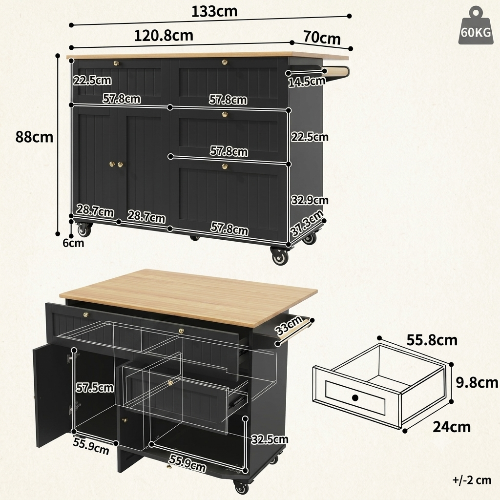 cucina a isola nera, carrello da pranzo con piano a grana di legno estensibile, portaoggetti multifunzionali