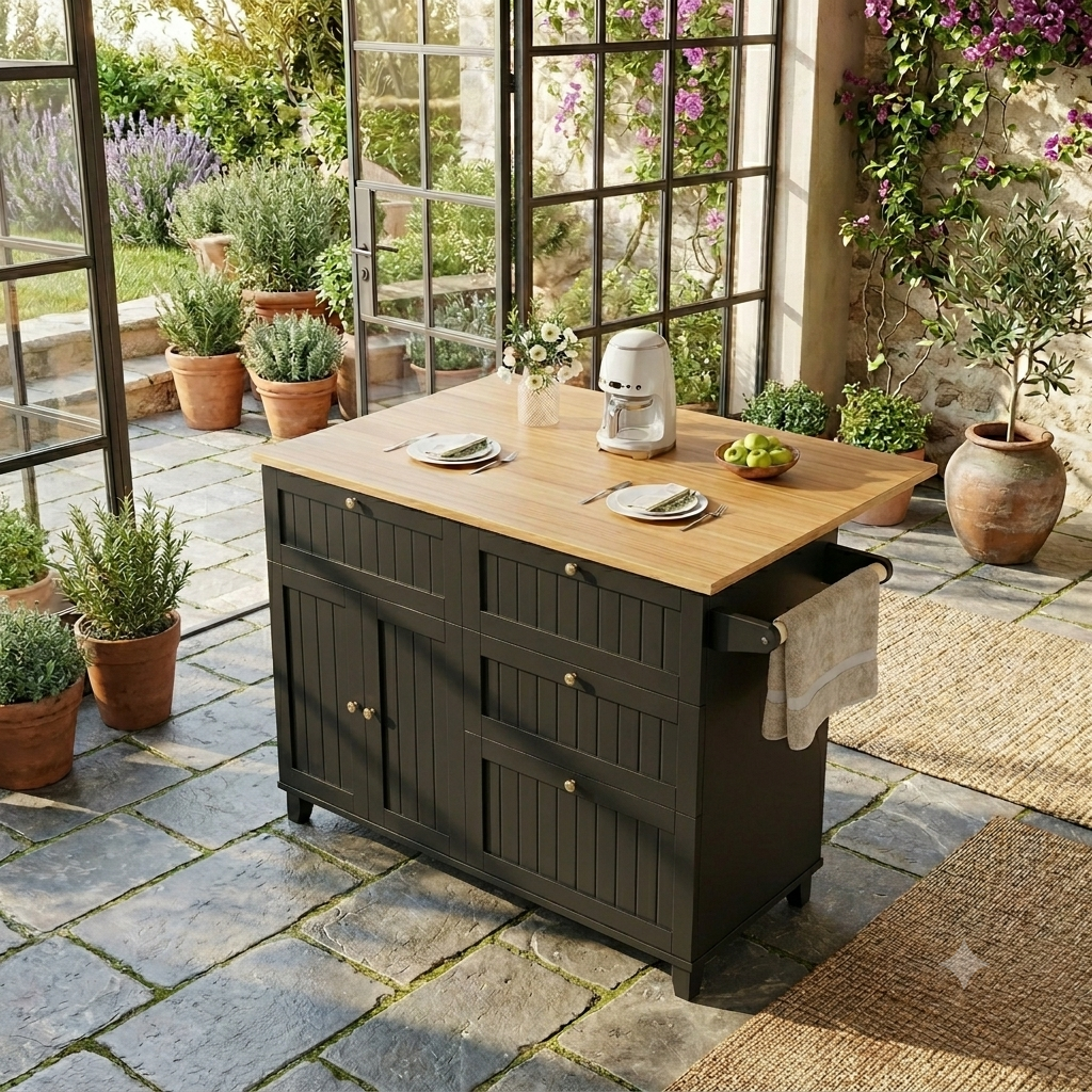 cucina a isola nera, carrello da pranzo con piano a grana di legno estensibile, portaoggetti multifunzionali