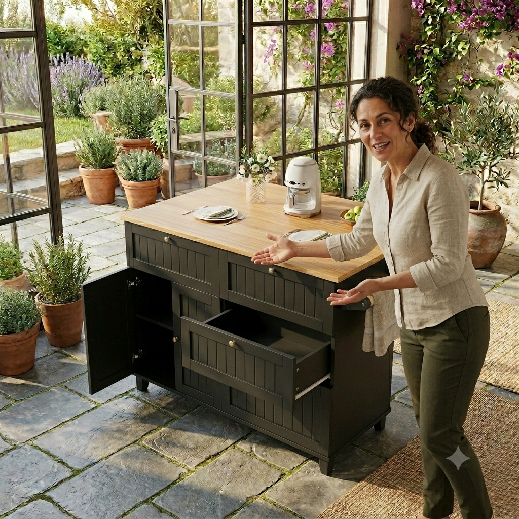 cucina a isola nera, carrello da pranzo con piano a grana di legno estensibile, portaoggetti multifunzionali