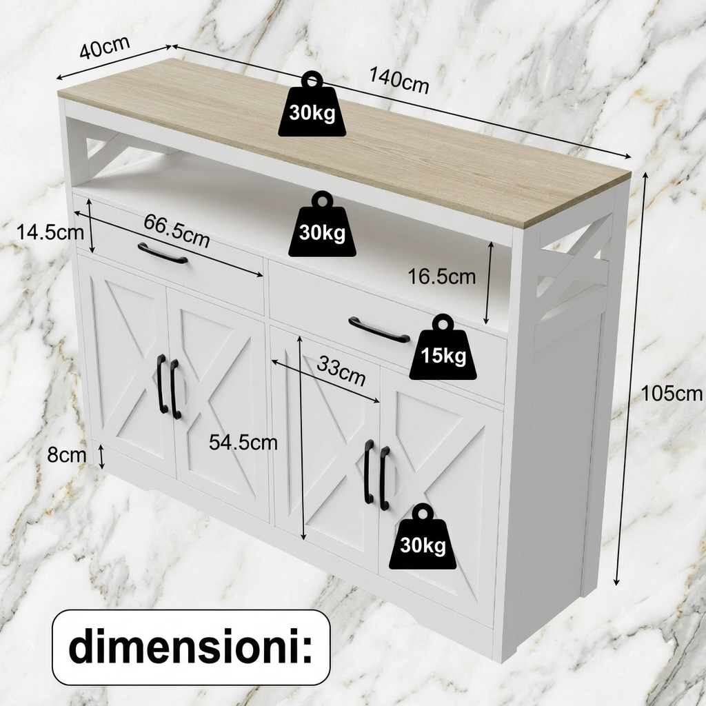 Mobiletti per la cucina con 2 cassetti e 2 ante in legno