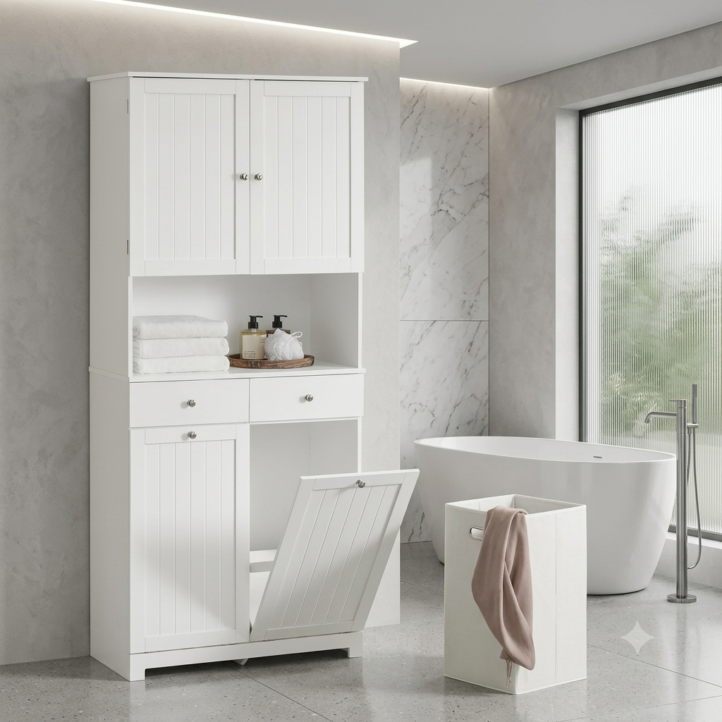 Mobile alto da bagno con 2 cesti per la biancheria, 2 cassetti e ripiano aperto, 78x38x181 cm.