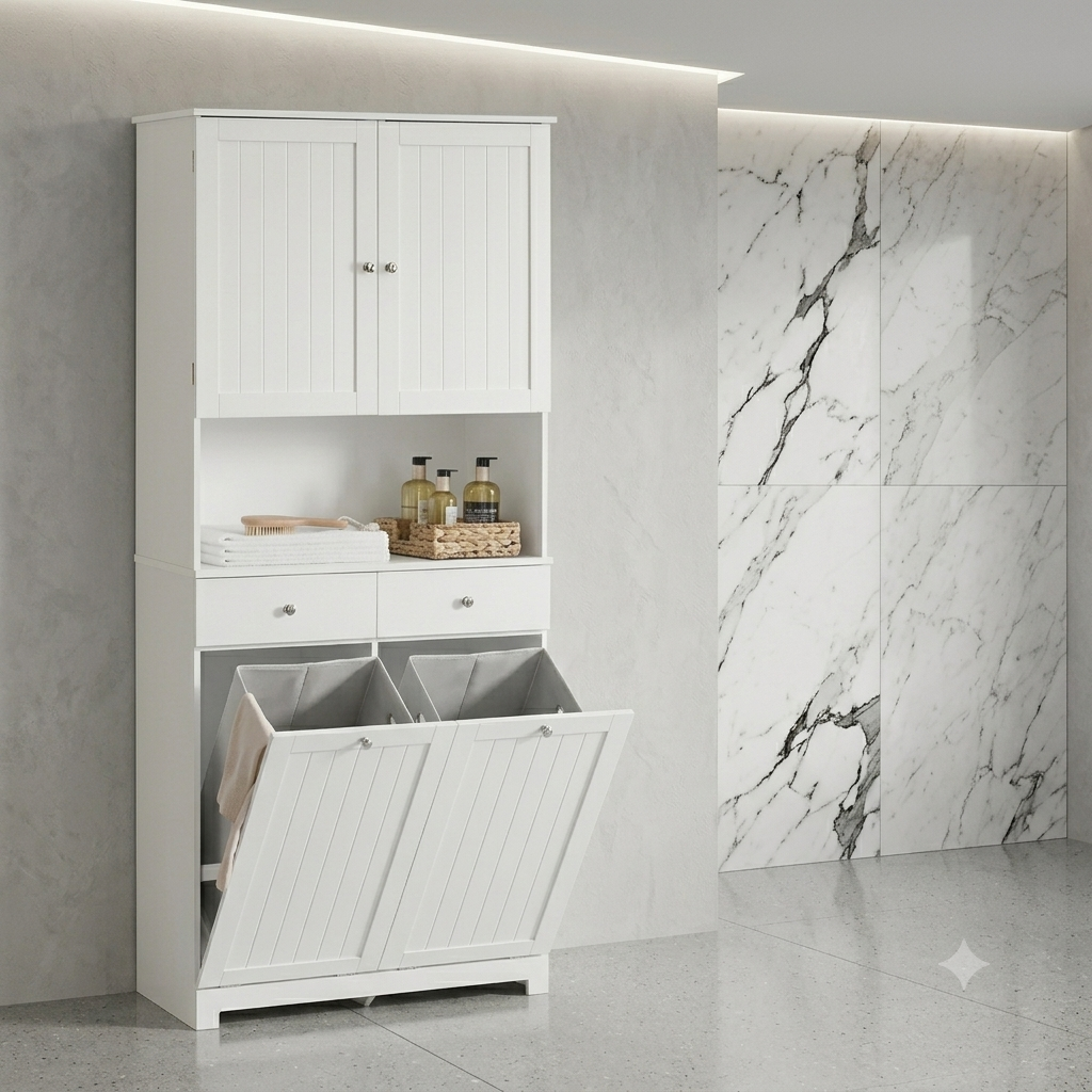 Mobile alto da bagno con 2 cesti per la biancheria, 2 cassetti e ripiano aperto, 78x38x181 cm.