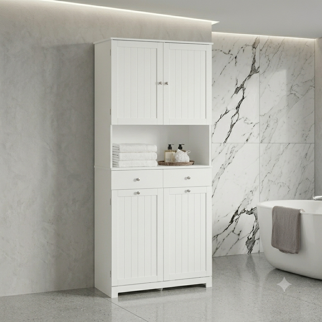 Mobile alto da bagno con 2 cesti per la biancheria, 2 cassetti e ripiano aperto, 78x38x181 cm.