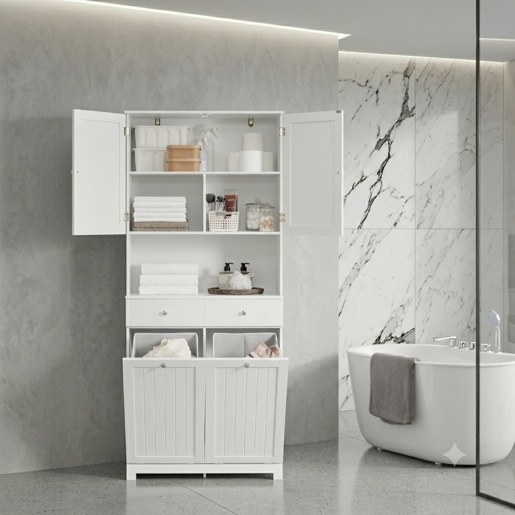 Mobile alto da bagno con 2 cesti per la biancheria, 2 cassetti e ripiano aperto, 78x38x181 cm.