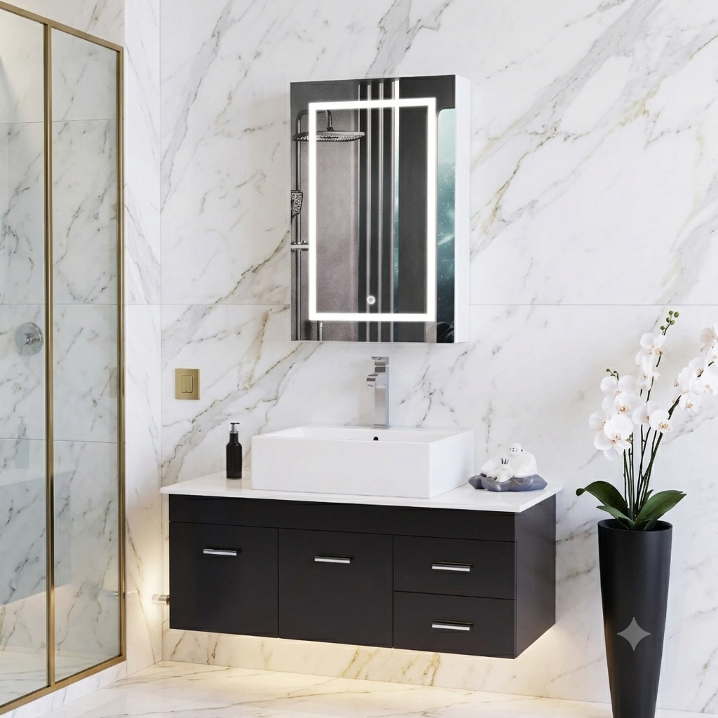 Armadietto da bagno con specchio, illuminazione a LED e prese elettriche, scomparti in vetro e ripiani regolabili, 70x50 cm, adatto per bagni, colore bianco.