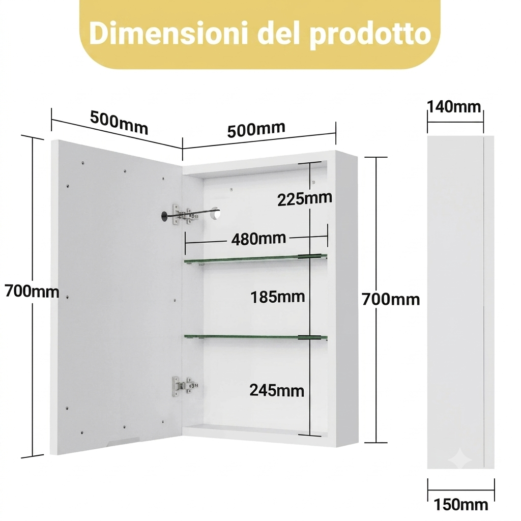Armadietto da bagno con specchio, illuminazione a LED e prese elettriche, scomparti in vetro e ripiani regolabili, 70x50 cm, adatto per bagni, colore bianco.