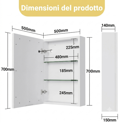 Armadietto da bagno con specchio, illuminazione a LED e prese elettriche, scomparti in vetro e ripiani regolabili, 70x50 cm, adatto per bagni, colore bianco.