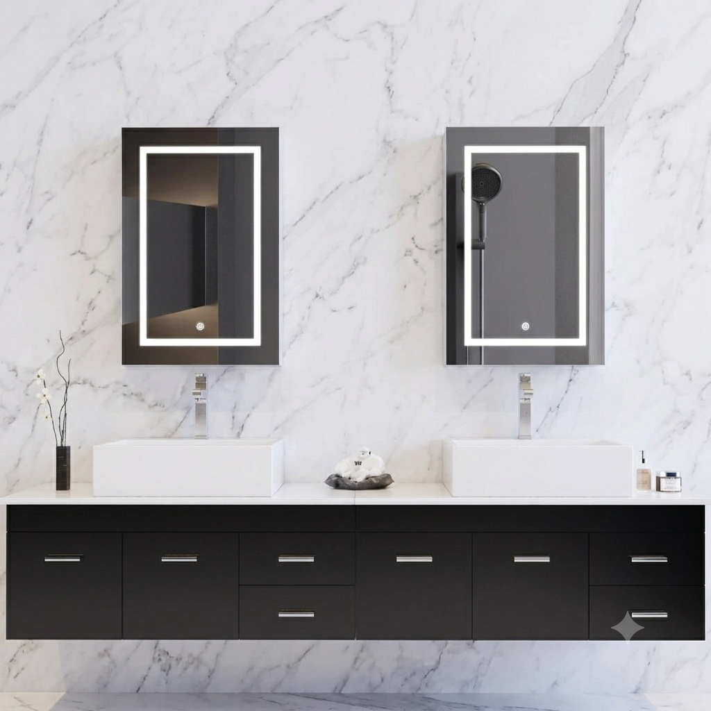 Armadietto da bagno con specchio, illuminazione a LED e prese elettriche, scomparti in vetro e ripiani regolabili, 70x50 cm, adatto per bagni, colore bianco.