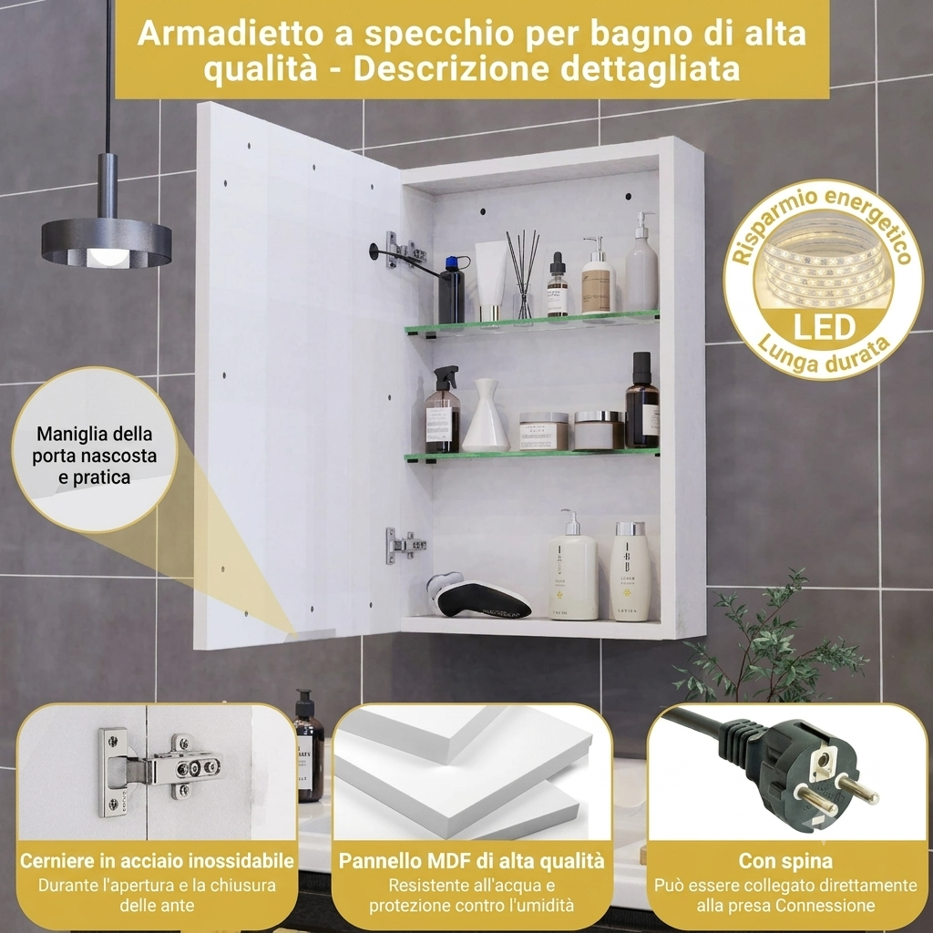Armadietto da bagno con specchio, illuminazione a LED e prese elettriche, scomparti in vetro e ripiani regolabili, 70x50 cm, adatto per bagni, colore bianco.