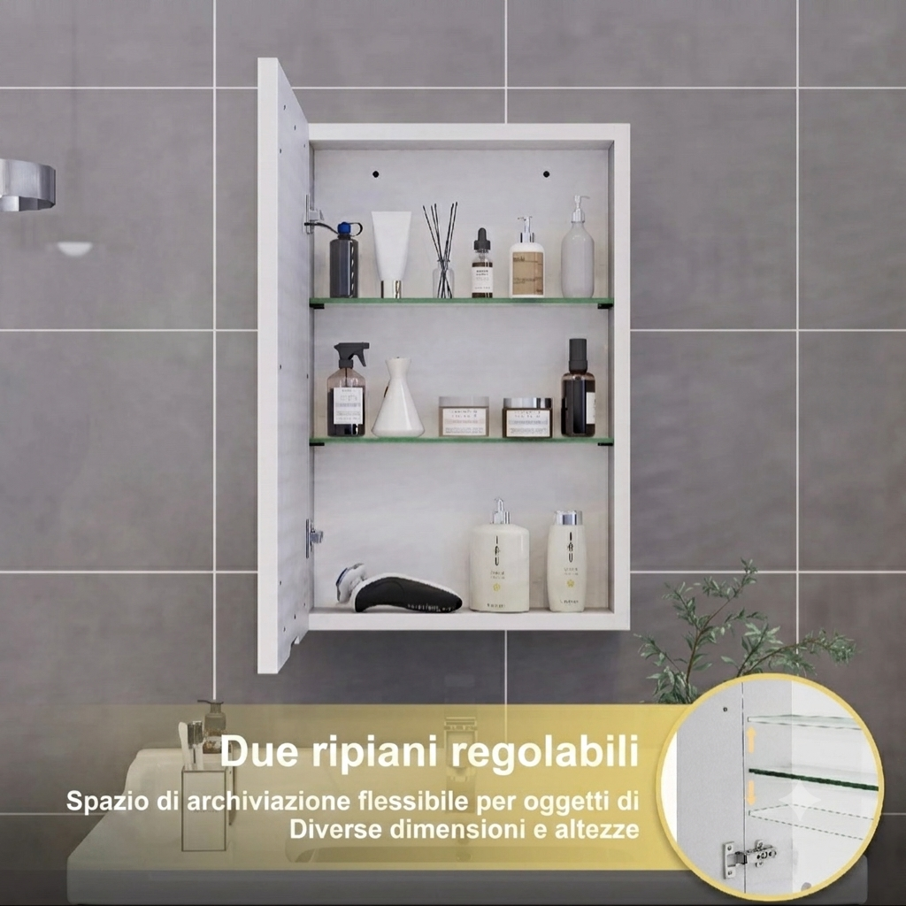 Armadietto da bagno con specchio, illuminazione a LED e prese elettriche, scomparti in vetro e ripiani regolabili, 70x50 cm, adatto per bagni, colore bianco.