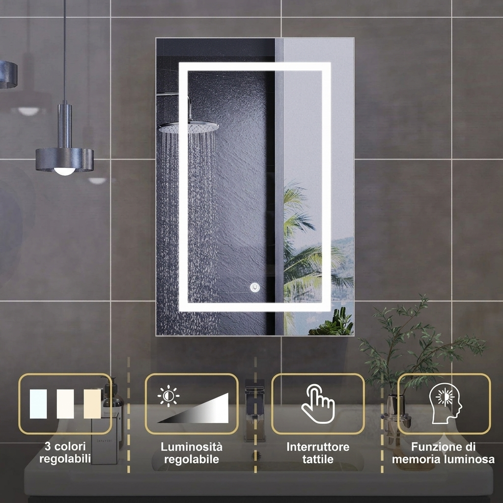 Armadietto da bagno con specchio, illuminazione a LED e prese elettriche, scomparti in vetro e ripiani regolabili, 70x50 cm, adatto per bagni, colore bianco.