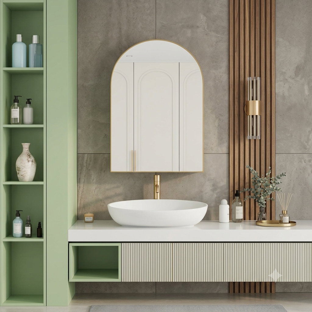Specchio ad arco per bagno con armadietto a muro per medicinali con struttura in metallo e ripiano regolabile.