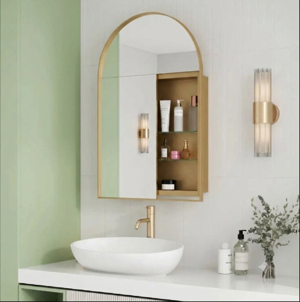 Specchio ad arco per bagno con armadietto a muro per medicinali con struttura in metallo e ripiano regolabile.