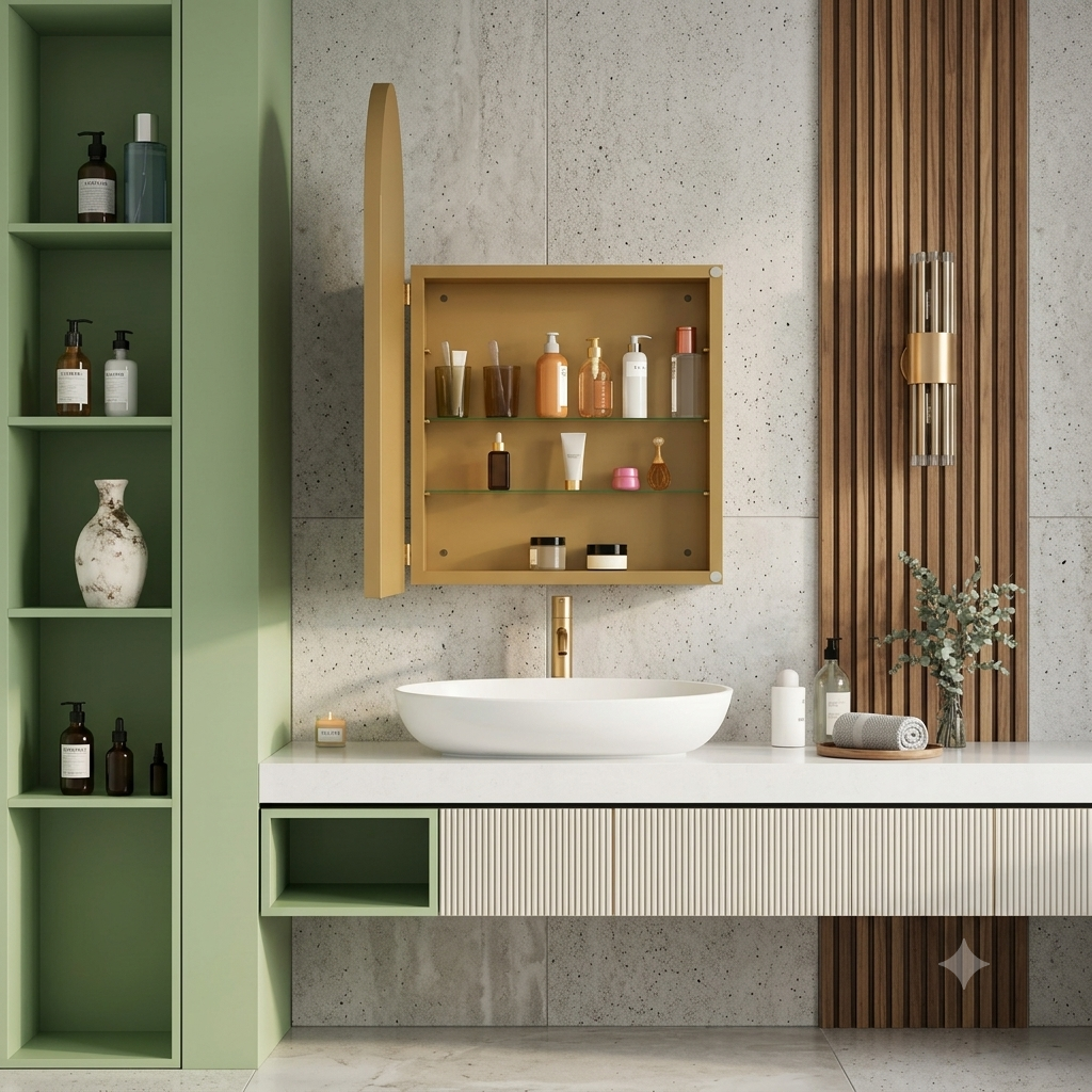 Specchio ad arco per bagno con armadietto a muro per medicinali con struttura in metallo e ripiano regolabile.