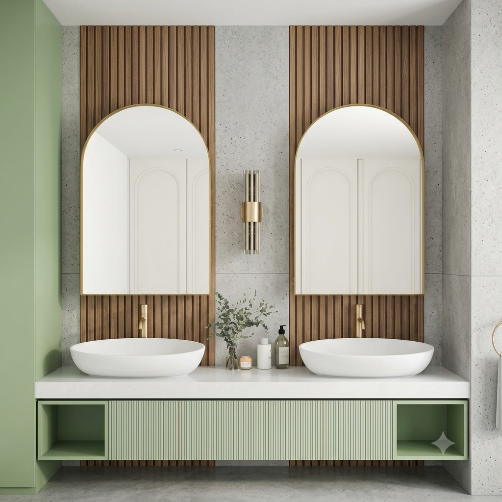 Specchio ad arco per bagno con armadietto a muro per medicinali con struttura in metallo e ripiano regolabile.