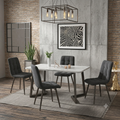 Set di 4 sedie da sala da pranzo coordinate, con rivestimento in velluto e gambe in metallo, schienale decorativo e cuciture a vista.