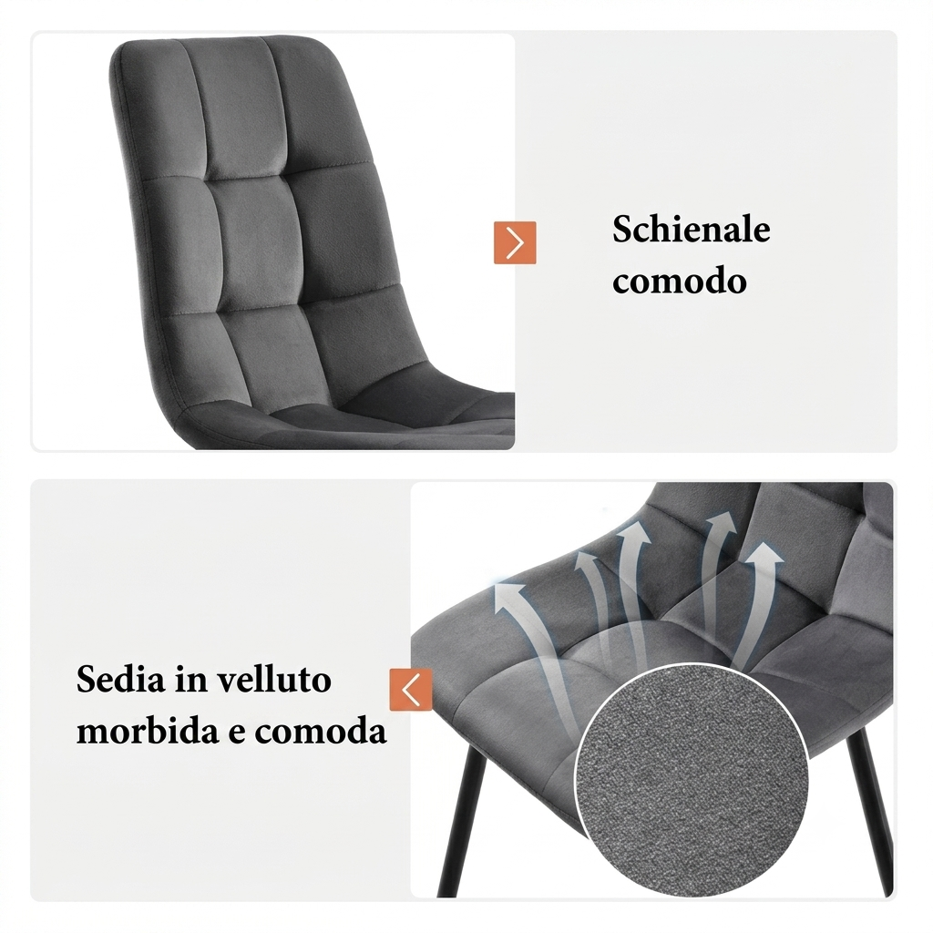 Set di 4 sedie da sala da pranzo coordinate, con rivestimento in velluto e gambe in metallo, schienale decorativo e cuciture a vista.