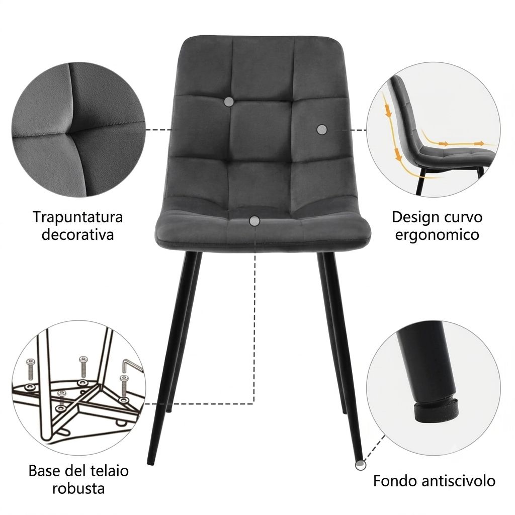 Set di 4 sedie da sala da pranzo coordinate, con rivestimento in velluto e gambe in metallo, schienale decorativo e cuciture a vista.